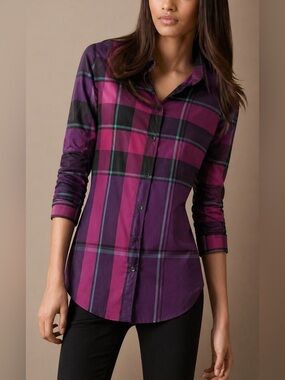 Burberry Brit Purple Plaid Button-Up Shirt Small | Authentic Nova Check